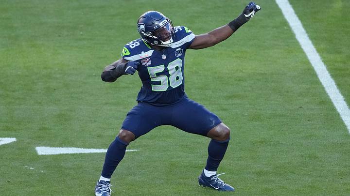 Seattle Seahawks linebacker Derick Hall (58) reacts after a sack against the New England Patriots. Seattle Seahawks linebacker Derick Hall (58) reacts after a sack against the New England Patriots.