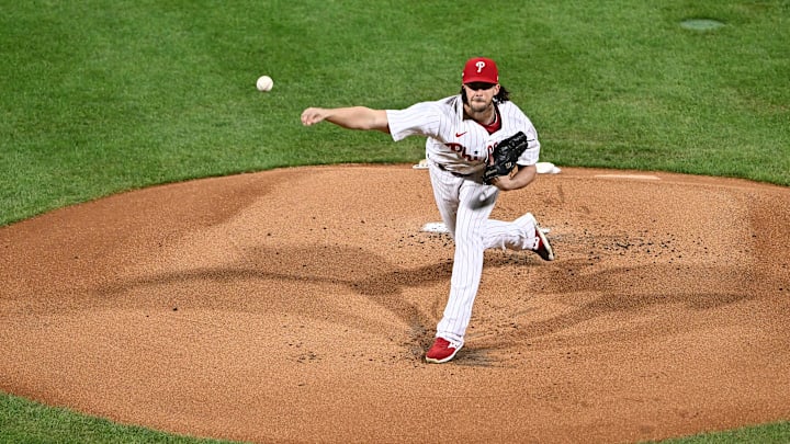 Oct 17, 2023; Philadelphia, Pennsylvania, USA; Philadelphia Phillies starting pitcher Aaron Nola