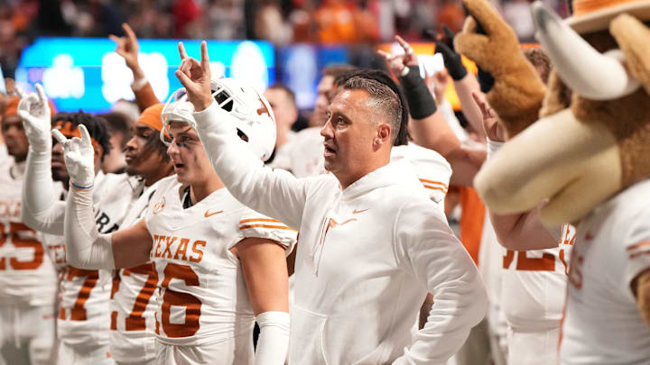 Dec 7, 2024; Atlanta, GA, USA; Texas Longhorns head coach Steve Sarkisian reacts after losing in overtime against the Georgia Bulldogs in the 2024 SEC Championship game at Mercedes-Benz Stadium. Mandatory Credit: Dale Zanine-Imagn Images
