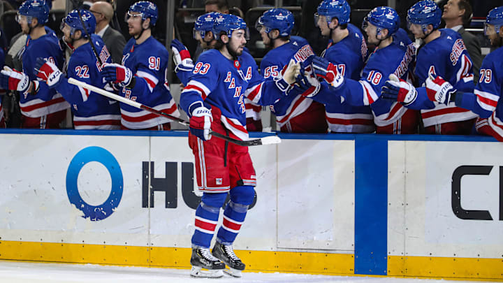 Feb 2, 2025; New York, New York, USA; New York Rangers center Mika Zibanejad (93) celebrates his goal against the Vegas Golden Knights during the third period at Madison Square Garden. Mandatory Credit: Danny Wild-Imagn Images