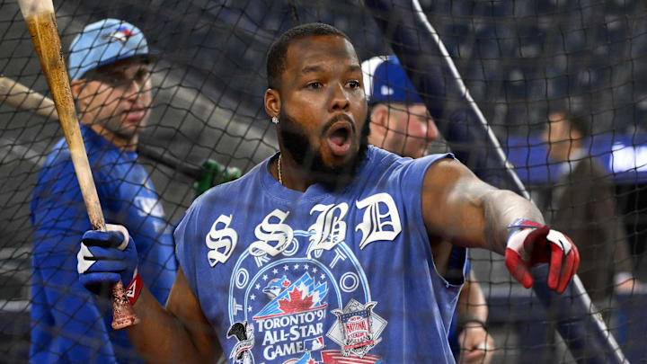 Toronto Blue Jays first baseman Vladimir Guerrero Jr. (27) reacts in batting practice during workouts for the American League Championship Series at Rogers Centre.  