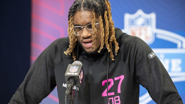 East Carolina defensive back Shavon Revel during the 2025 NFL Combine at Lucas Oil Stadium. 
