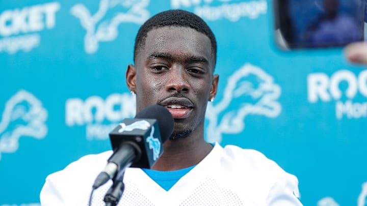 Detroit Lions cornerback Terrion Arnold (0) answers a question during rookie minicamp.