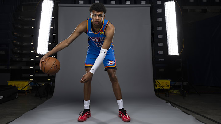 Sep 29, 2025; Oklahoma City, OK, USA; Oklahoma City Thunder forward Ousmane Dieng (13) poses for a photo during the 2025 Oklahoma City Thunder media day at Paycom Center. Mandatory Credit: Alonzo Adams-Imagn Images Sep 29, 2025; Oklahoma City, OK, USA; Oklahoma City Thunder forward Ousmane Dieng (13) poses for a photo during the 2025 Oklahoma City Thunder media day at Paycom Center. Mandatory Credit: Alonzo Adams-Imagn Images