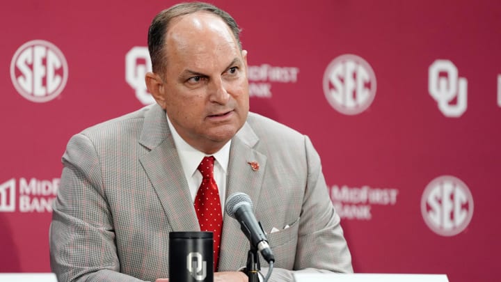 OU athletic director Joe Castiglione talks during a press conference before a celebration for OU joining the Southeastern Conference in Norman, Okla., Monday, July 1, 2024.