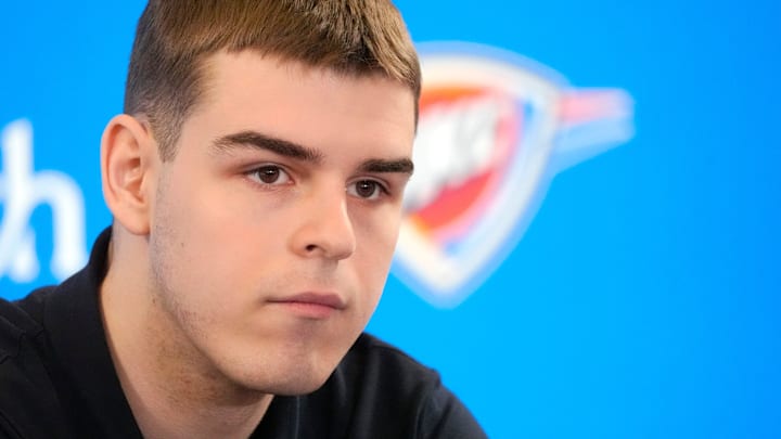 Nikola Topic speaks during an introductory press conference for the 2024 Thunder draft picks at Oklahoma Contemporary Arts Center in Oklahoma City, Saturday, June, 29, 2024.