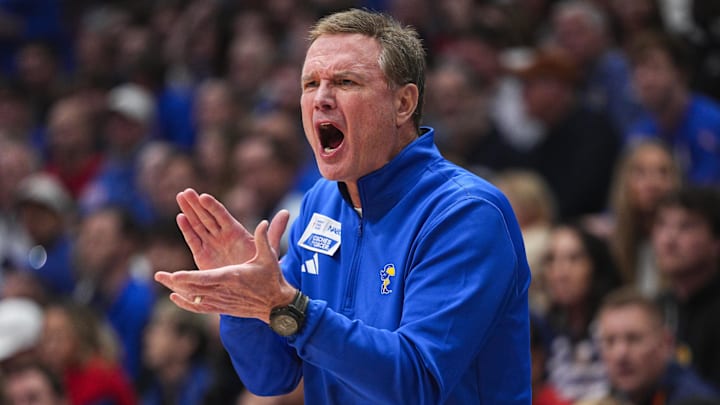 Jan 31, 2026; Lawrence, Kansas, USA; Kansas Jayhawks head coach Bill Self reacts during the first half against the BYU Cougars at Allen Fieldhouse. Mandatory Credit: Jay Biggerstaff-Imagn Images