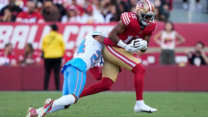 August 13, 2026; Santa Clara, California, USA; San Francisco 49ers wide receiver De'zhaun Stribling (15) is tackled by Tennessee Titans cornerback Alontae Taylor (24) during the first quarter at Levi's Stadium. Mandatory Credit: Kyle Terada-Imagn Images August 13, 2026; Santa Clara, California, USA; San Francisco 49ers wide receiver De'zhaun Stribling (15) is tackled by Tennessee Titans cornerback Alontae Taylor (24) during the first quarter at Levi's Stadium. Mandatory Credit: Kyle Terada-Imagn Images