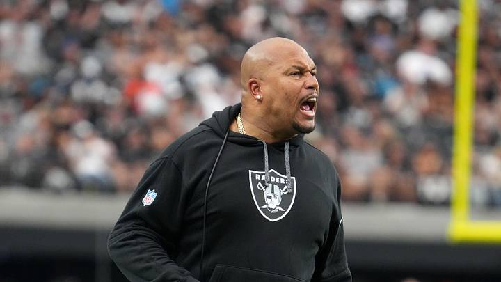 Sep 22, 2024; Paradise, Nevada, USA; Las Vegas Raiders reacts against the Carolina Panthers in the first half at Allegiant Stadium. Mandatory Credit: Kirby Lee-Imagn Images