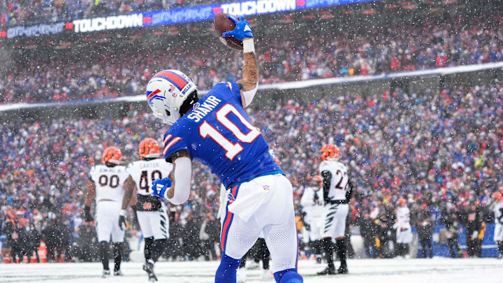 Dec 7, 2025; Orchard Park, New York, USA; Buffalo Bills wide receiver Khalil Shakir (10) celebrates scoring a touchdown in the second quarter against the Cincinnati Bengals at Highmark Stadium.