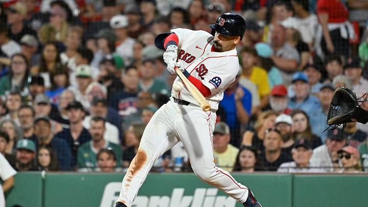 August 18, 2026; Boston, Massachusetts, USA; Boston Red Sox designated hitter Mickey Gasper (30) hits a one run RBI single against the Arizona Diamondbacks during the seventh inning at Fenway Park. Mandatory Credit: Eric Canha-Imagn Images