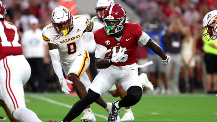 Sep 6, 2025; Tuscaloosa, Alabama, USA; Alabama Crimson Tide wide receiver Germie Bernard (5) carries the ball during the first quarter against the Louisiana Monroe Warhawks at Saban Field at Bryant-Denny Stadium. Mandatory Credit: David Leong-Imagn Images