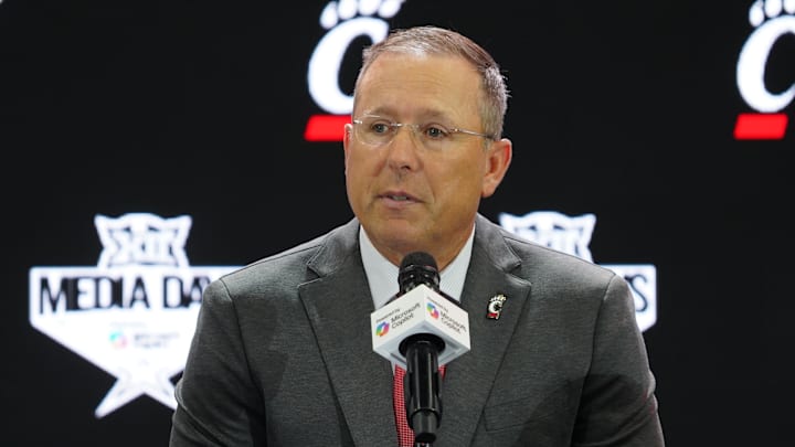 Cincinnati head coach Scott Satterfield addresses the media during 2025 Big 12 Football Media Days at The Star. Cincinnati head coach Scott Satterfield addresses the media during 2025 Big 12 Football Media Days at The Star.