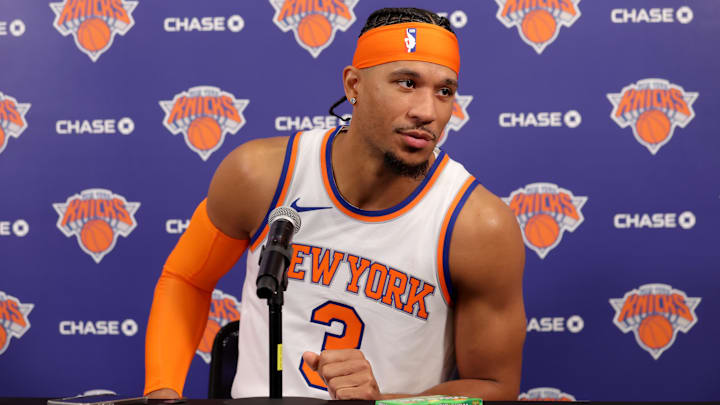 Sep 30, 2024; New York, NY, USA; New York Knicks guard Josh Hart speaks during a media day press conference at the MSG training facility in Tarrytown, NY. Mandatory Credit: Brad Penner-Imagn Images