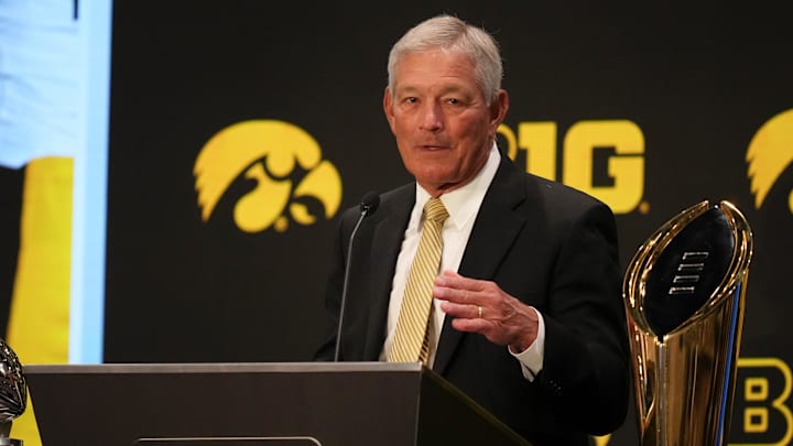 Jul 24, 2025; Las Vegas, NV, USA; Iowa head coach Kirk Ferentz speaks to the media during the Big Ten NCAA college football media days at Mandalay Bay Resort. Mandatory Credit: Lucas Peltier-Imagn Images