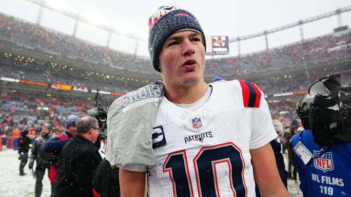 Jan 25, 2026; Denver, CO, USA;  New England Patriots quarterback Drake Maye (10) reacts after defeating the Denver Broncos in the 2026 AFC Championship Game at Empower Field at Mile High.