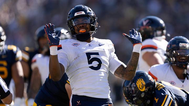 Nov 1, 2025; Berkeley, California, USA; Virginia Cavaliers linebacker Kam Robinson (5) reacts after sacking California Golden Bears quarterback Jaron-Keawe Sagapolutele (not pictured) during the second quarter at California Memorial Stadium. Mandatory Credit: D. Ross Cameron-Imagn Images Nov 1, 2025; Berkeley, California, USA; Virginia Cavaliers linebacker Kam Robinson (5) reacts after sacking California Golden Bears quarterback Jaron-Keawe Sagapolutele (not pictured) during the second quarter at California Memorial Stadium. Mandatory Credit: D. Ross Cameron-Imagn Images