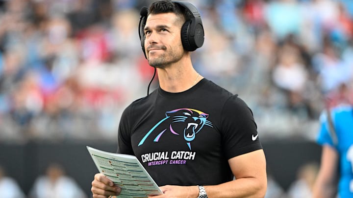  Carolina Panthers head coach Dave Canales on the sidelines in the second quarter at Bank of America Stadium.