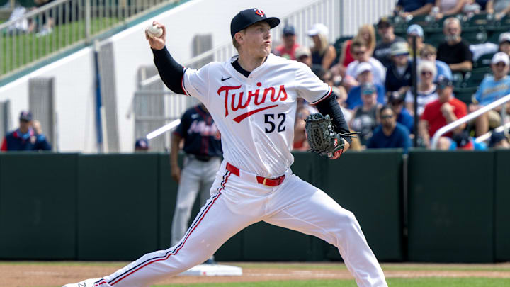 Minnesota Twins pitcher Zebby Matthews pitching during the first inning of their game against the Atlanta Braves at Lee Health Sports Complex in Fort Myers, Fla., on Feb. 22, 2025. Minnesota Twins pitcher Zebby Matthews pitching during the first inning of their game against the Atlanta Braves at Lee Health Sports Complex in Fort Myers, Fla., on Feb. 22, 2025.