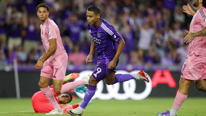 Aug 10, 2025; Orlando, Florida, USA; Orlando City forward Luis Muriel (9) celebrates after scoring a goal against Inter Miami CF in the first half at Inter&Co Stadium. Mandatory Credit: Nathan Ray Seebeck-Imagn Images