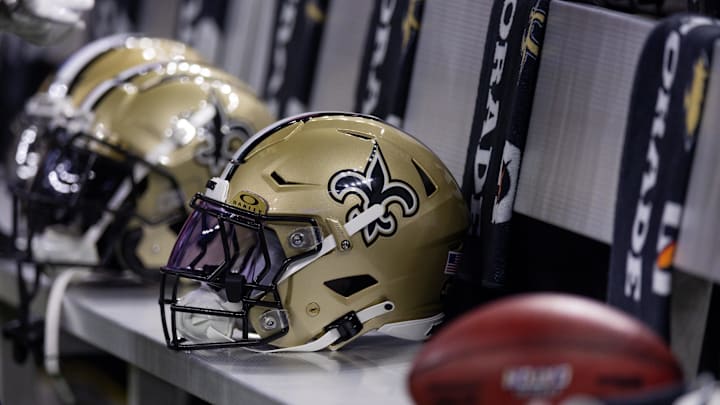 Nov 5, 2023; New Orleans, Louisiana, USA; Detailed view of the New Orleans Saints helmets on the team bench against the Chicago Bears during the first half at the Caesars Superdome. Mandatory Credit: Stephen Lew-Imagn Images Nov 5, 2023; New Orleans, Louisiana, USA; Detailed view of the New Orleans Saints helmets on the team bench against the Chicago Bears during the first half at the Caesars Superdome. Mandatory Credit: Stephen Lew-Imagn Images