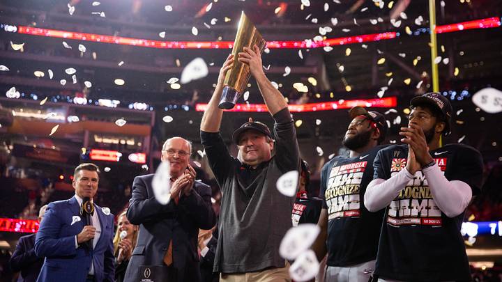 Jan 9, 2023; Inglewood, CA, USA; Georgia Bulldogs head coach Kirby Smart celebrates with the championship trophy after defeating the TCU Horned Frogs during the CFP national championship game at SoFi Stadium. Mandatory Credit: Mark J. Rebilas-USA TODAY Sports