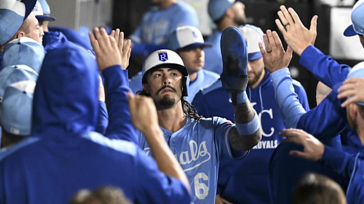 Aug 26, 2025; Chicago, Illinois, USA; Kansas City Royals second baseman Jonathan India (6) celebrates in the dugout after he scores during the ninth inning against the Chicago White Sox at Rate Field. Mandatory Credit: Matt Marton-Imagn Images