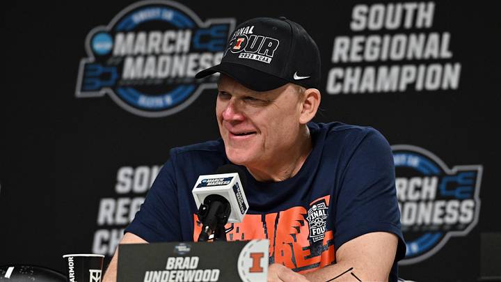 Mar 28, 2026; Houston, TX, USA; Illinois Fighting Illini head coach Brad Underwood speaks in a press conference after defeating the Iowa Hawkeyes in an Elite Eight game of the South Regional of the men's 2026 NCAA Tournament at Toyota Center. Mandatory Credit: Maria Lysaker-Imagn Images