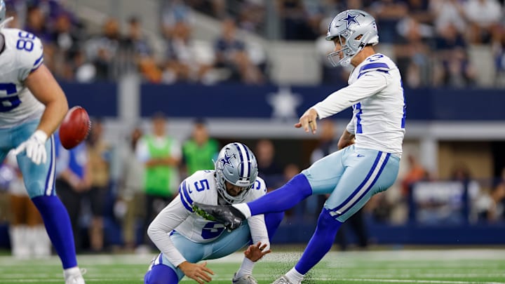 Dallas Cowboys place kicker Brandon Aubrey (17) kicks a 65 yard field goal during the first quarter against the Baltimore Ravens at AT&T Stadium. 