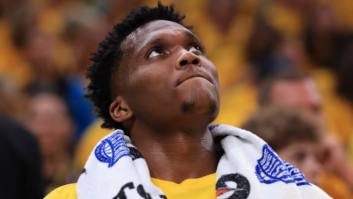 Indiana Pacers wing Bennedict Mathurin (00) during a playoff game against the Milwaukee Bucks.