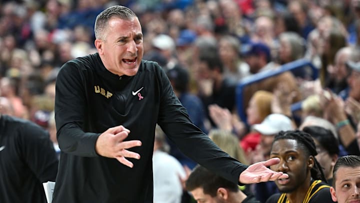 Feb 13, 2025; Spokane, Washington, USA; San Francisco Dons head coach Chris Gerlufsen reacts after a play during the first half against the Gonzaga Bulldogs at McCarthey Athletic Center. Mandatory Credit: James Snook-Imagn Images