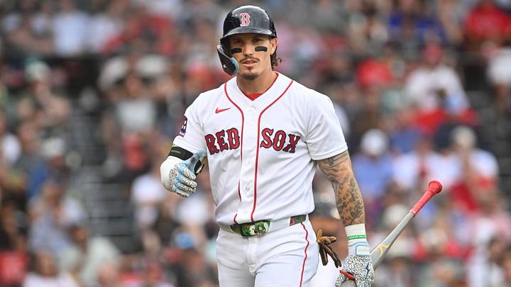 Jun 18, 2026; Boston, Massachusetts, USA; Boston Red Sox left fielder Jarren Duran (16) looks on after striking out against the Toronto Blue Jays during the second inning at Fenway Park. 