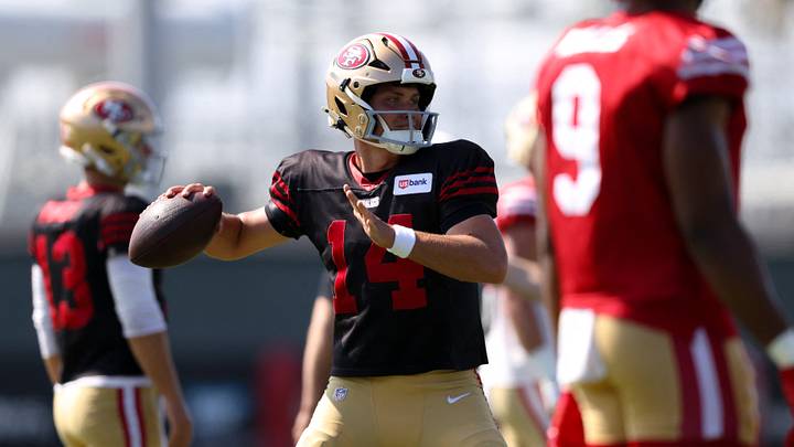 Aug 6, 2026; Santa Clara, CA, USA; San Francisco 49ers quarterback Kurtis Rourke (14) during training camp at SAP Performance Facility. Mandatory Credit: Sergio Estrada-Imagn Images Aug 6, 2026; Santa Clara, CA, USA; San Francisco 49ers quarterback Kurtis Rourke (14) during training camp at SAP Performance Facility. Mandatory Credit: Sergio Estrada-Imagn Images