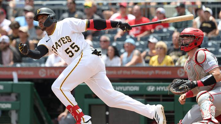 Jun 28, 2026; Pittsburgh, Pennsylvania, USA; Pittsburgh Pirates right fielder Esmerlyn Valdez (55) hits an RBI double against the Cincinnati Reds during the second inning at PNC Park. Mandatory Credit: Charles LeClaire-Imagn Images Jun 28, 2026; Pittsburgh, Pennsylvania, USA; Pittsburgh Pirates right fielder Esmerlyn Valdez (55) hits an RBI double against the Cincinnati Reds during the second inning at PNC Park. Mandatory Credit: Charles LeClaire-Imagn Images