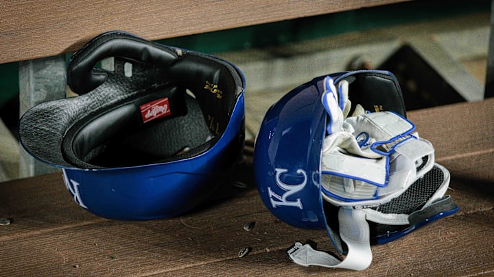 Apr 10, 2024; Kansas City, Missouri, USA; Kansas City Royals batting helmets in the dugout after the game against the Houston Astros at Kauffman Stadium. Mandatory Credit: William Purnell-Imagn Images Apr 10, 2024; Kansas City, Missouri, USA; Kansas City Royals batting helmets in the dugout after the game against the Houston Astros at Kauffman Stadium. Mandatory Credit: William Purnell-Imagn Images