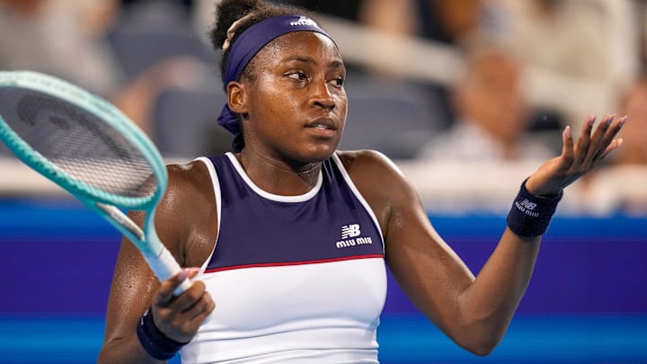 Coco Gauff reacts in the Cincinnati Open quarterfinal match between Coco Gauff and Jasmine Paolini at the Lindner Family Tennis Center in Mason, Ohio, on Friday, Aug. 15, 2025. Paolini won 2-6, 6-4, 6-3.
