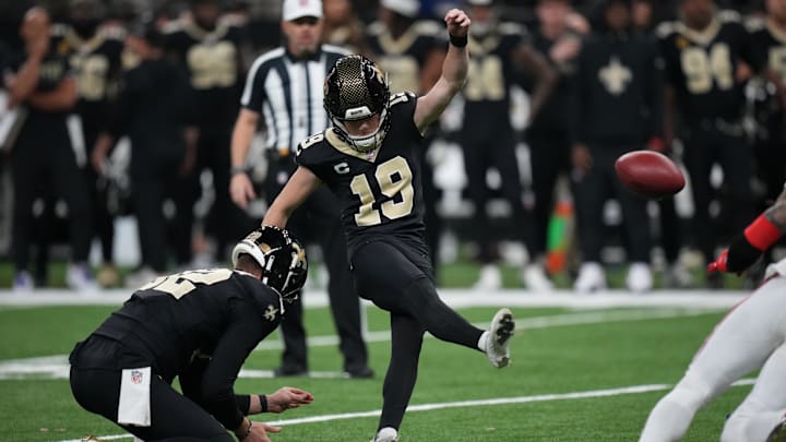 Nov 23, 2025; New Orleans, Louisiana, USA; New Orleans Saints place kicker Blake Grupe (19) kicks a field goal against the Atlanta Falcons during the second half at Caesars Superdome. Nov 23, 2025; New Orleans, Louisiana, USA; New Orleans Saints place kicker Blake Grupe (19) kicks a field goal against the Atlanta Falcons during the second half at Caesars Superdome.