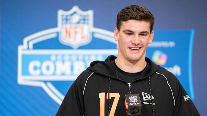 Feb 27, 2026; Indianapolis, IN, USA; Alabama quarterback Ty Simpson (QB17) speaks to members of the media during the NFL Combine at the Indiana Convention Center. Mandatory Credit: Jacob Musselman-Imagn Images
