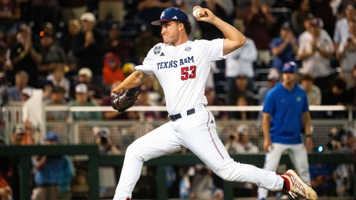 Jun 15, 2024; Omaha, NE, USA; Texas A&M Aggies pitcher Evan Aschenbeck (53) pitches against the Florida Gators during the eighth inning at Charles Schwab Field Omaha. Mandatory Credit: Dylan Widger-USA TODAY Sports