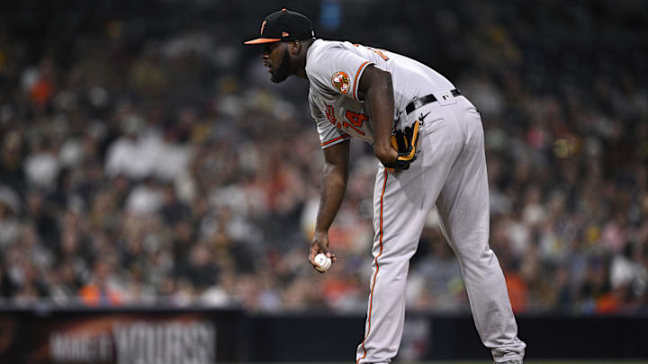 Aug 14, 2023; San Diego, California, USA; Baltimore Orioles relief pitcher Felix Bautista (74) prepares to pitch against the San Diego Padres during the ninth inning at Petco Park. Aug 14, 2023; San Diego, California, USA; Baltimore Orioles relief pitcher Felix Bautista (74) prepares to pitch against the San Diego Padres during the ninth inning at Petco Park.