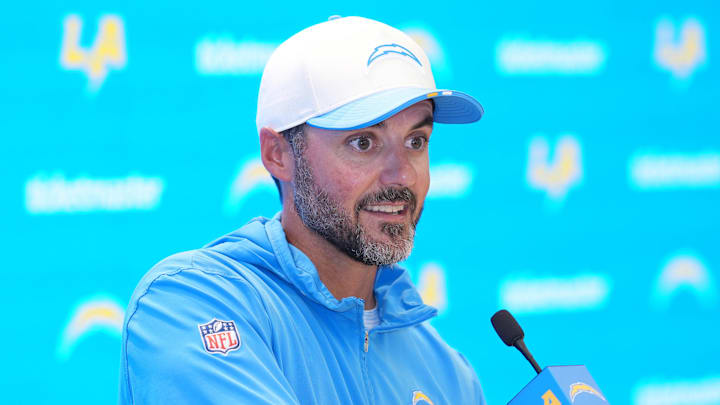 Aug 7, 2025; El Segundo, CA, USA; Los Angeles Chargers defensive coordinator Jesse Minter at press conference during training camp at The Bolt. Mandatory Credit: Kirby Lee-Imagn Images Aug 7, 2025; El Segundo, CA, USA; Los Angeles Chargers defensive coordinator Jesse Minter at press conference during training camp at The Bolt. Mandatory Credit: Kirby Lee-Imagn Images