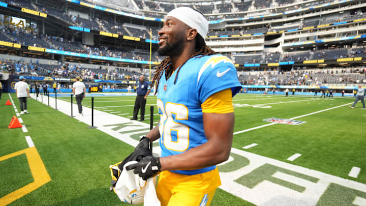 Los Angeles Chargers cornerback Ja'Sir Taylor leaves the field after the game against the Las Vegas Raiders at SoFi Stadium. 