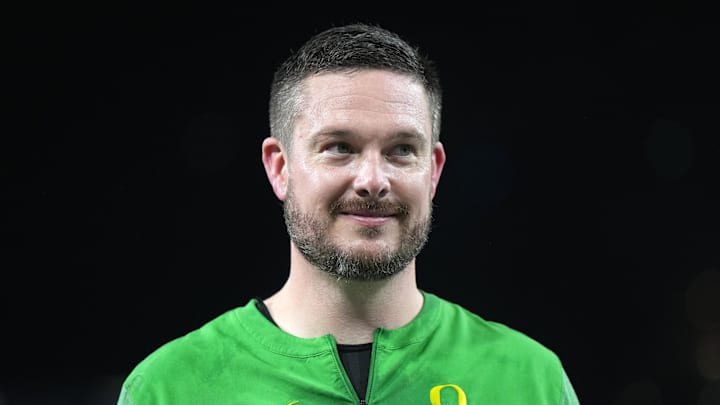 Dec 28, 2022; San Diego, CA, USA; Oregon Ducks head coach Dan Lanning reacts after the 2022 Holiday Bowl against the North Carolina Tar Heels at Petco Park. Mandatory Credit: Kirby Lee-Imagn Images Dec 28, 2022; San Diego, CA, USA; Oregon Ducks head coach Dan Lanning reacts after the 2022 Holiday Bowl against the North Carolina Tar Heels at Petco Park. Mandatory Credit: Kirby Lee-Imagn Images