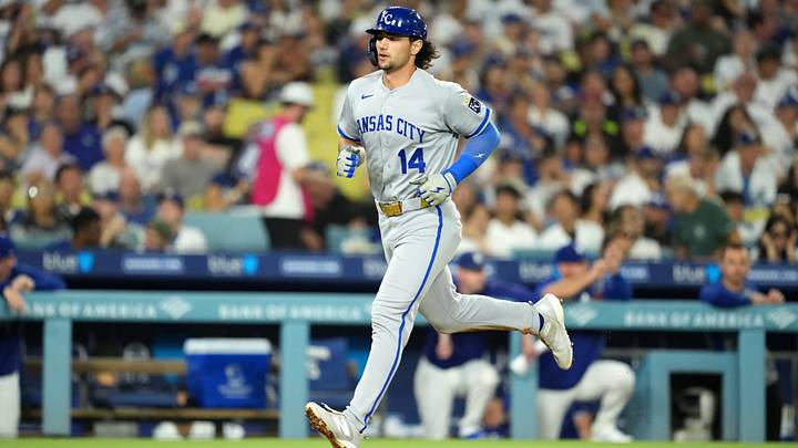 Aug 10, 2026; Los Angeles, California, USA; Kansas City Royals first baseman Jac Caglianone (14) runs the bases after hitting a home run against the Los Angeles Dodgers at Dodger Stadium. Mandatory Credit: Kirby Lee-Imagn Images Aug 10, 2026; Los Angeles, California, USA; Kansas City Royals first baseman Jac Caglianone (14) runs the bases after hitting a home run against the Los Angeles Dodgers at Dodger Stadium. Mandatory Credit: Kirby Lee-Imagn Images