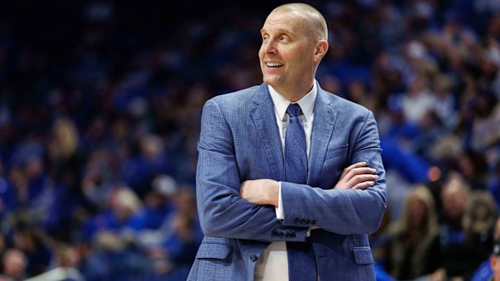 Feb 8, 2025; Lexington, Kentucky, USA; Kentucky Wildcats head coach Mark Pope looks on during the second half against the South Carolina Gamecocks at Rupp Arena at Central Bank Center. Mandatory Credit: Jordan Prather-Imagn Images