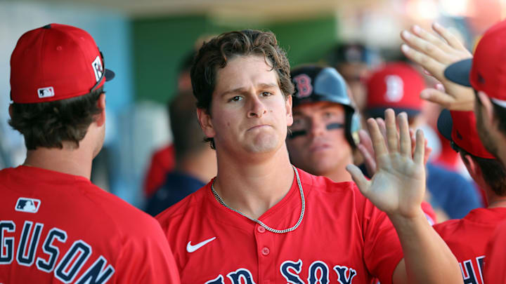Feb 28, 2025; Clearwater, Florida, USA; Boston Red Sox outfielder Roman Anthony (48) is congratulated after he scored a run against the Philadelphia Phillies during the third inning at BayCare Ballpark. Mandatory Credit: Kim Klement Neitzel-Imagn Images Feb 28, 2025; Clearwater, Florida, USA; Boston Red Sox outfielder Roman Anthony (48) is congratulated after he scored a run against the Philadelphia Phillies during the third inning at BayCare Ballpark. Mandatory Credit: Kim Klement Neitzel-Imagn Images