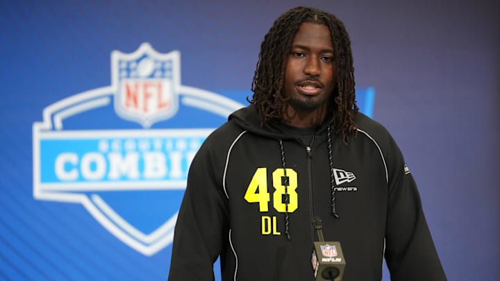 Feb 25, 2026; Indianapolis, IN, USA; UCF defensive lineman Malachi Lawrence (DL48) speaks during the NFL Scouting Combine at the Indiana Convention Center. Mandatory Credit: Kirby Lee-Imagn Images