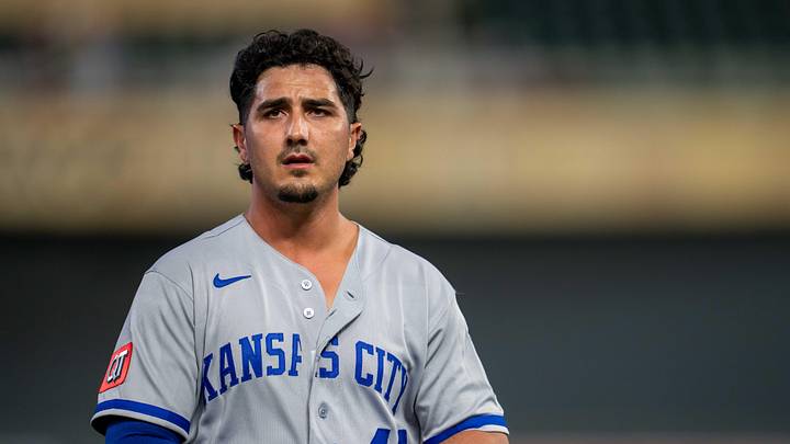 Jun 4, 2026; Minneapolis, Minnesota, USA; Kansas City Royals pinch hitter Josh Rojas (40) looks on against the Minnesota Twins in the ninth inning at Target Field. Mandatory Credit: Jesse Johnson-Imagn Images