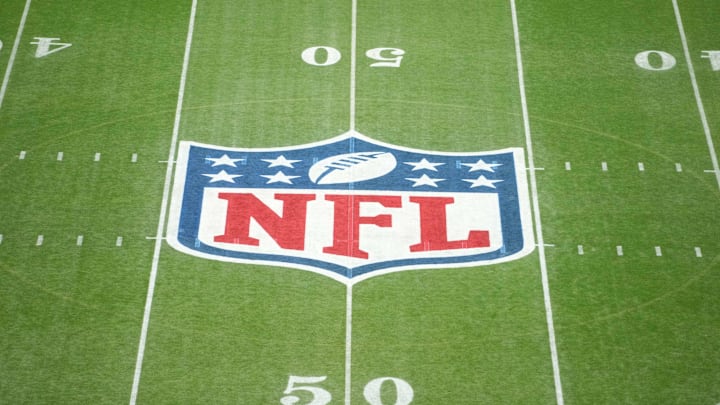 Sep 6, 2024; Sao Paulo, Brazil; The NFL shield logo at midfield at the 2024 NFL Sao Paolo Game at Neo Quimica Arena. Mandatory Credit: Kirby Lee-Imagn Images