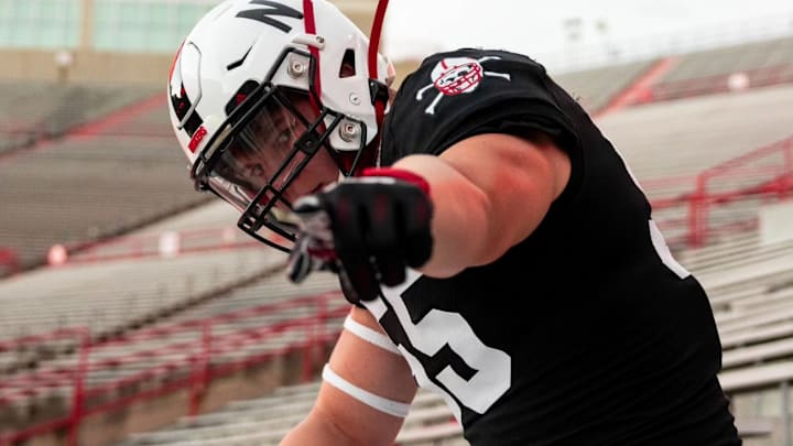 Nebraska football commit Kade Pietrzak wears a Blackshirts uniform in Memorial Stadium during a visit to Lincoln.